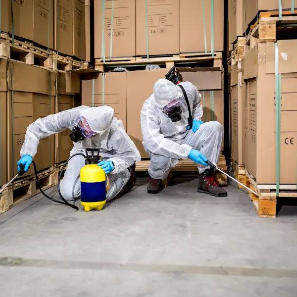 PCES technicians carrying out rodent control in a warehouse